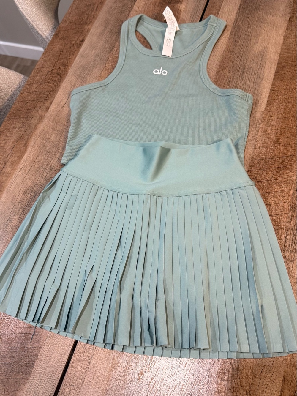 ALO Yoga Girls Sage Green Racerback Tank and Pleated Skirt Set